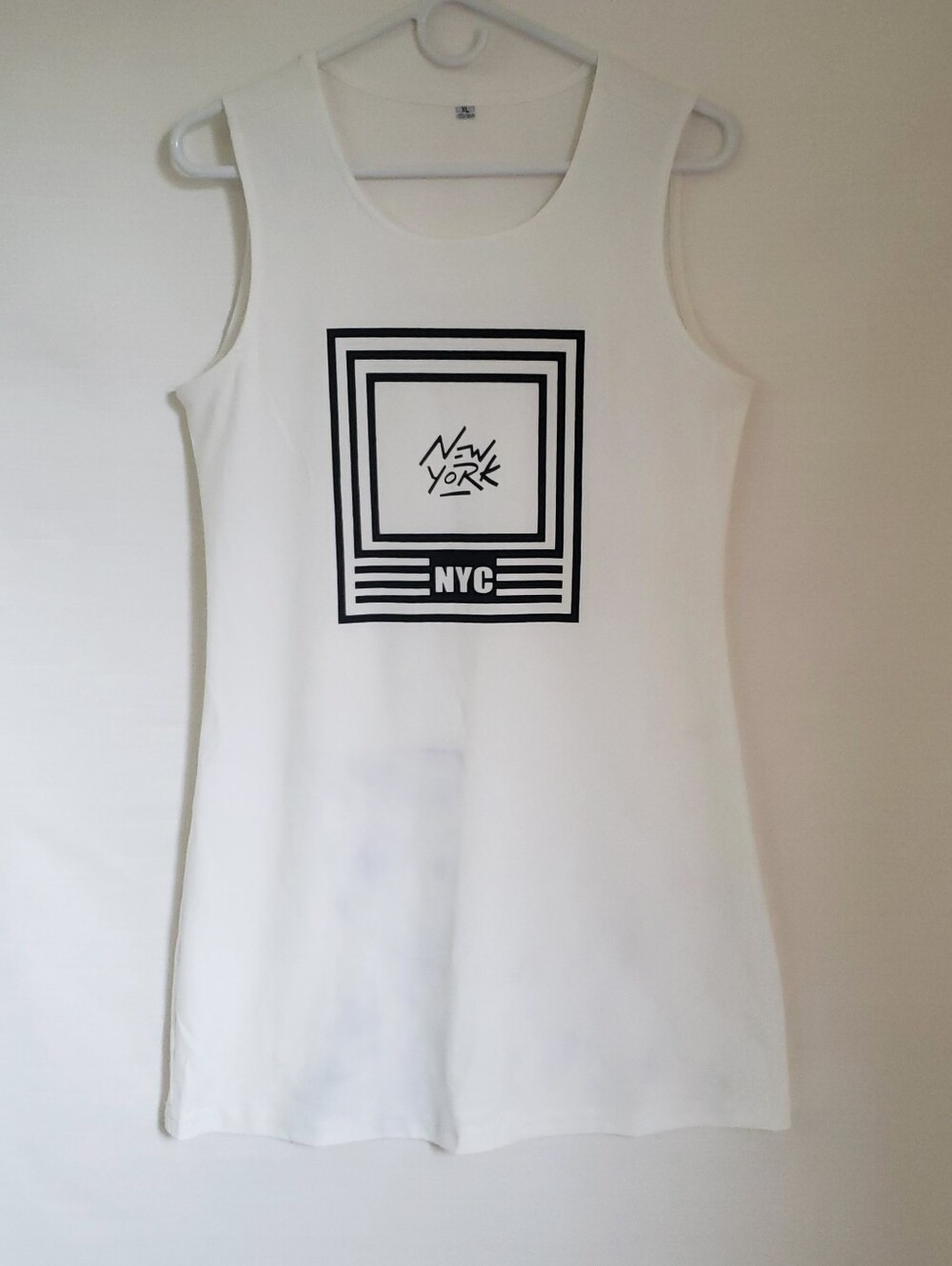 White NYC Graphic Sleeveless Stretchy Knee Length Tank Dress Streetwear S/m